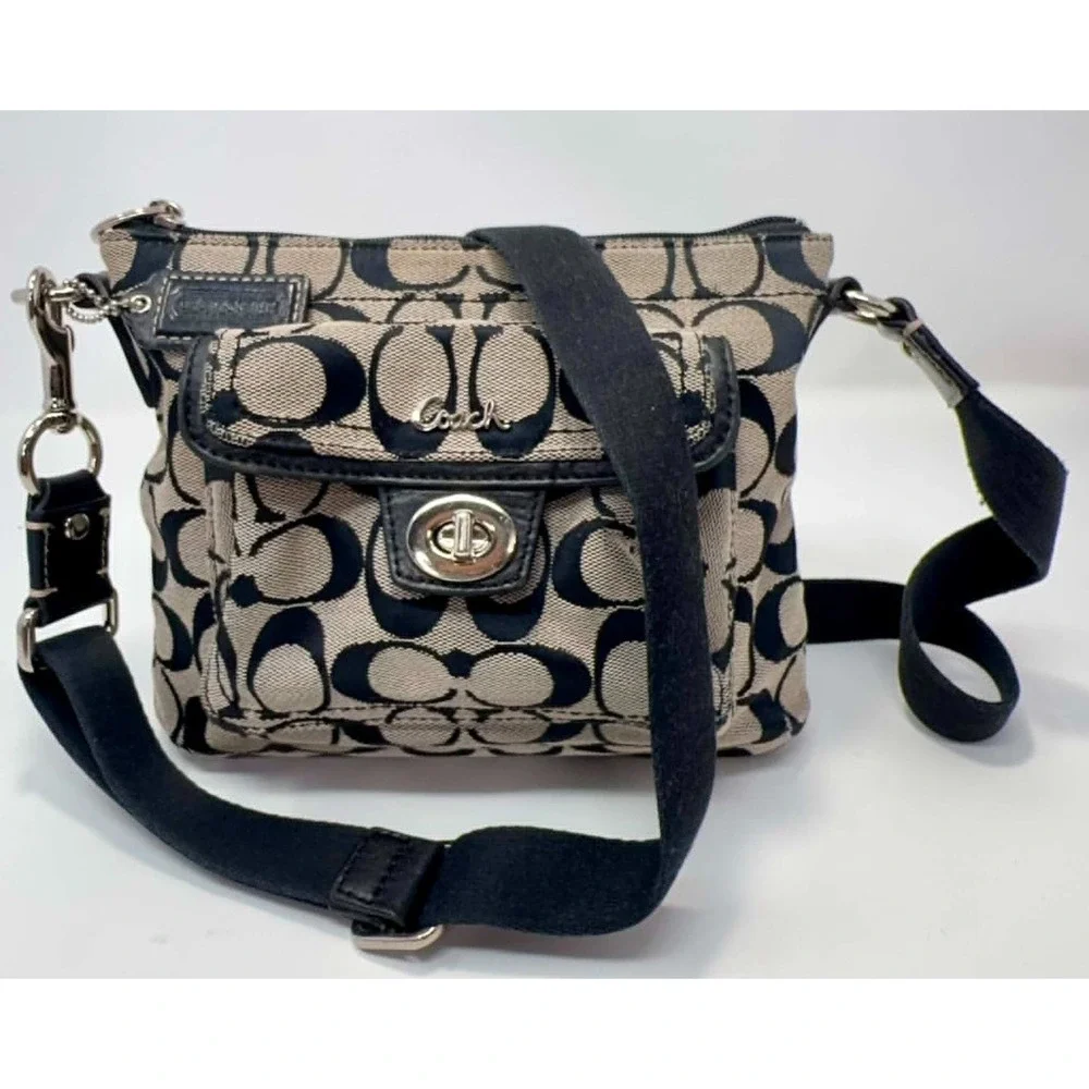 Coach Signature C Canvas Turnlock Flap Crossbody Bag Black Gray Jacquard Y2K